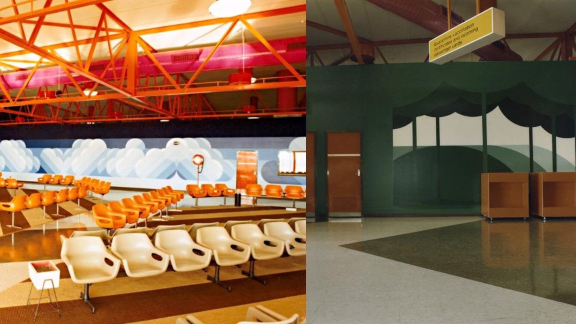 The unique and bold interior design of the Interim International Terminal, with the cloud and tree designs. The unique and bold interior design of the Interim International Terminal, with the cloud and tree designs.