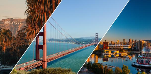 Image of Hollywood sign, Golden Gate Bridge and Vancouver